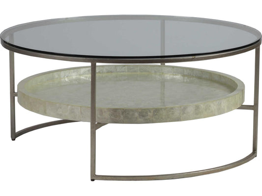 Home Cumulus Capiz Round Coffee Table with Glass Top and Champagne Finish