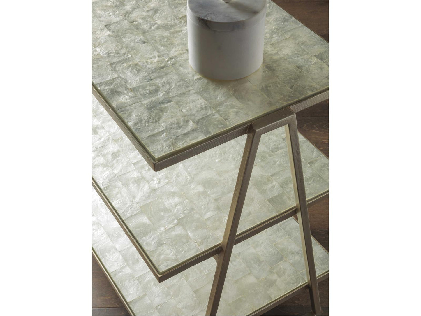 Home Cumulus Capiz Triangular 3-Tier Side Table in Champagne Foil