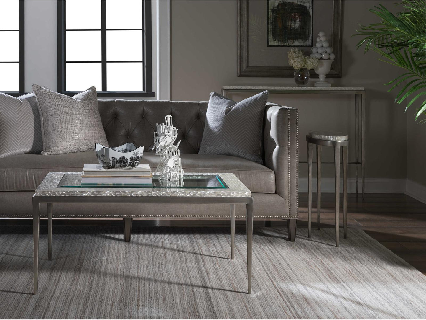 Home Brilliante Small Rectangle Cocktail Table in Silver Iron and Shell