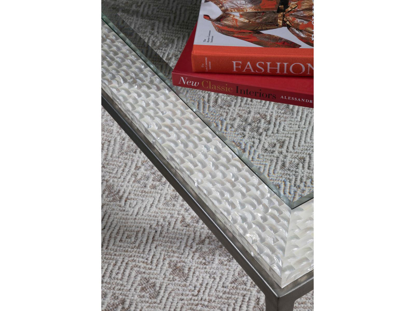 Home Brilliante Small Rectangle Cocktail Table in Silver Iron and Shell
