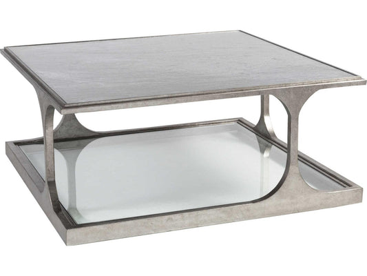 Home Bond Street Square Coffee Table in Textured Silver Iron and Art Glass