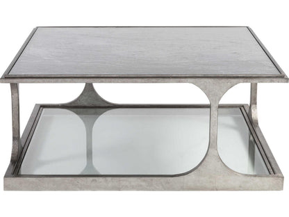 Home Bond Street Square Coffee Table in Textured Silver Iron and Art Glass