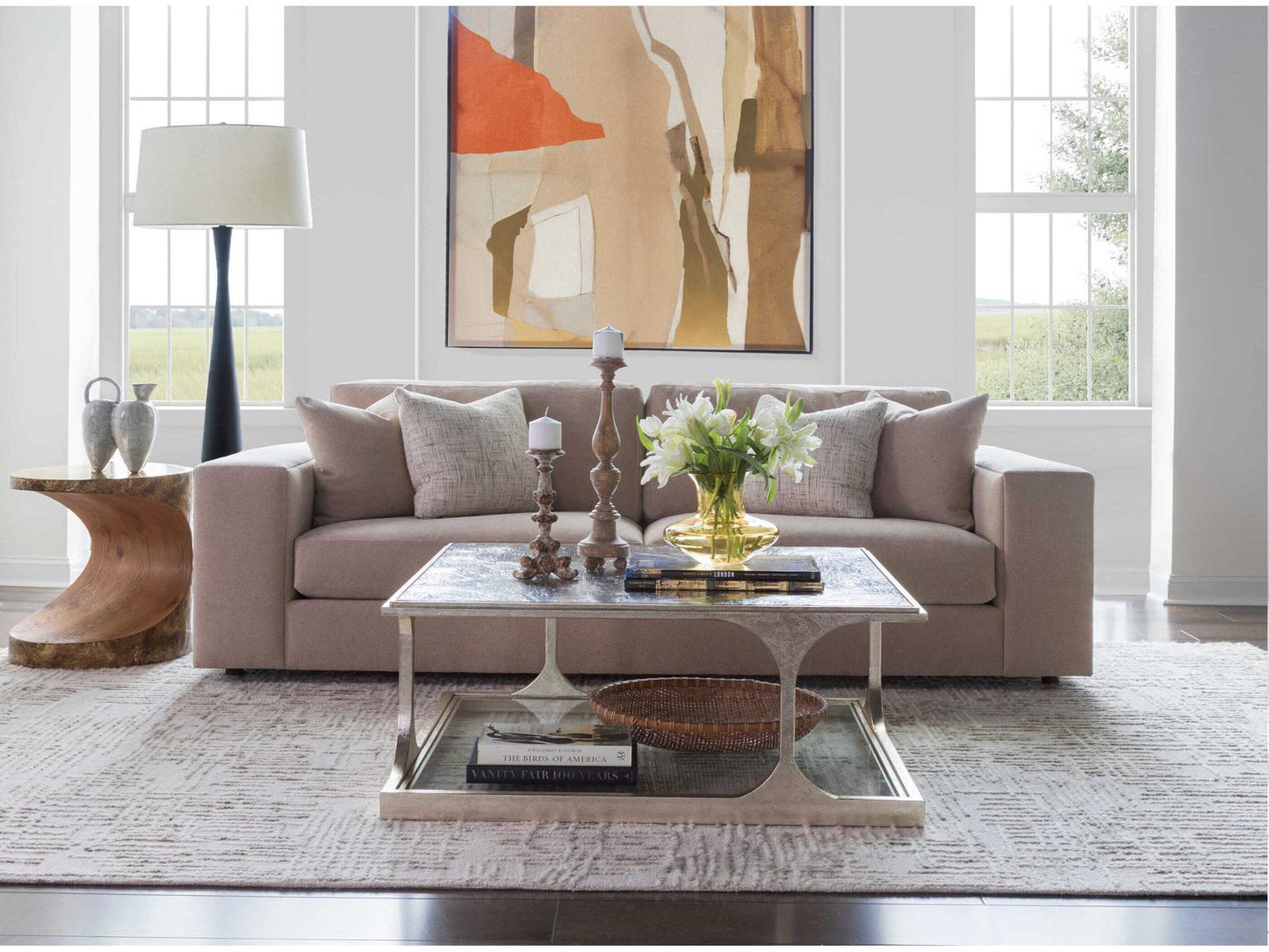 Home Bond Street Square Coffee Table in Textured Champagne Iron and Art Glass