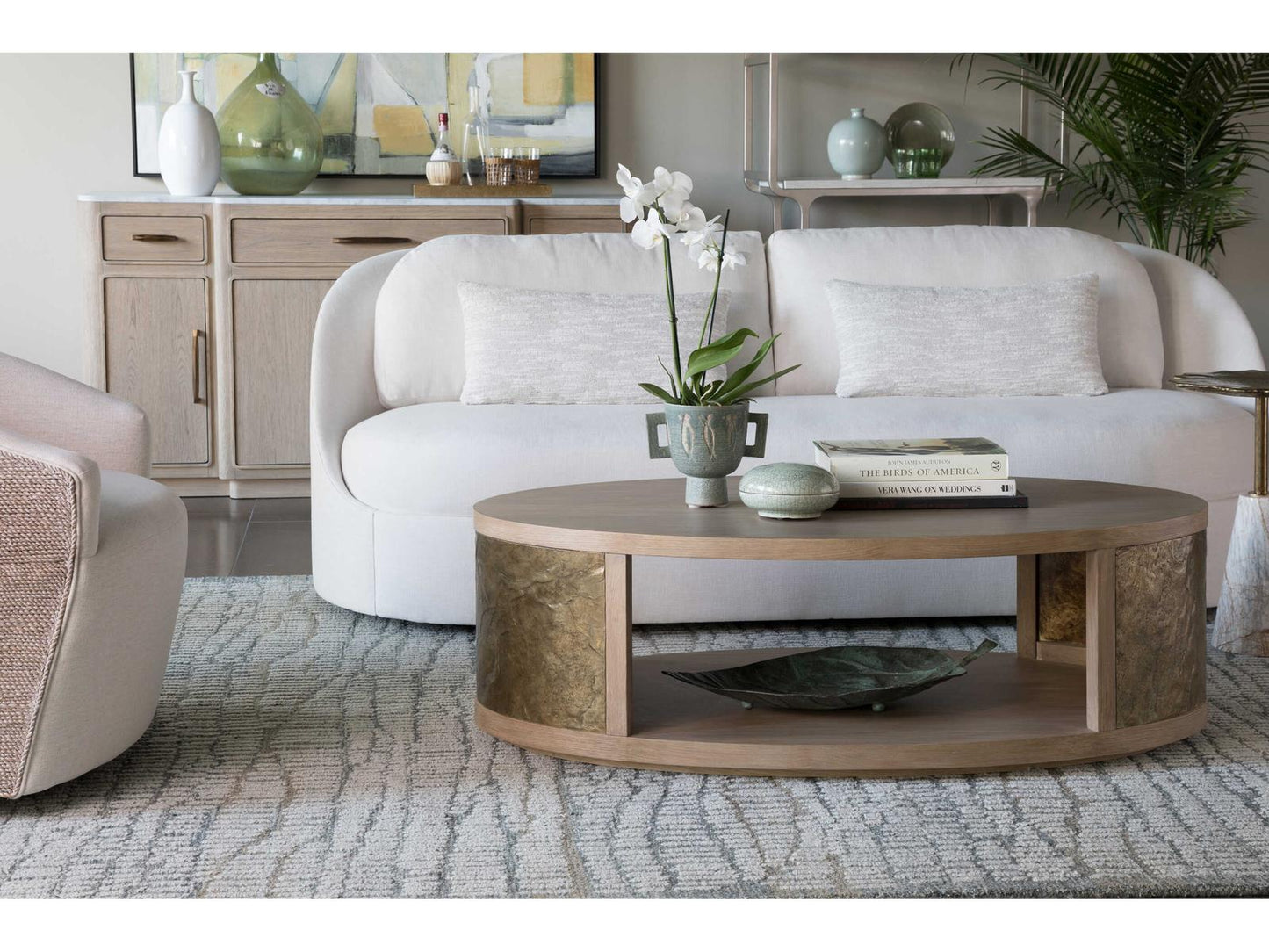 Home Simpatico Oval Cocktail Table in White Oak and Bronze