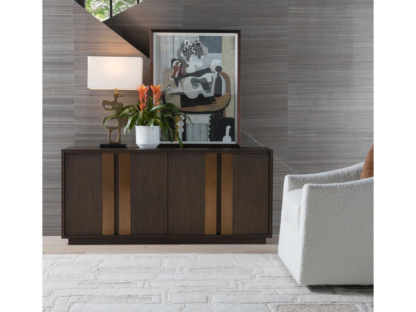 Home Andare 67-Inch Media Console TV Stand in Wire Brushed Brown Wood and Brass
