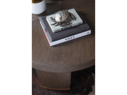 Andare Round Coffee Table in Brown Quartered White Oak and Brass