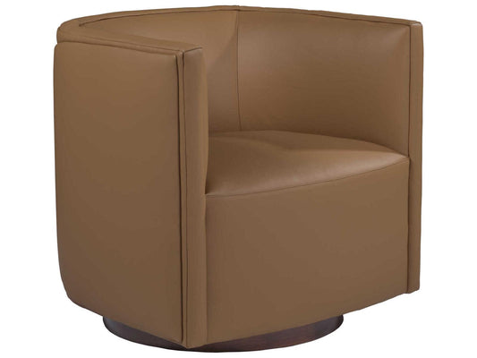 Home Ingrid Leather Swivel Accent Chair in Brown with Wood Base