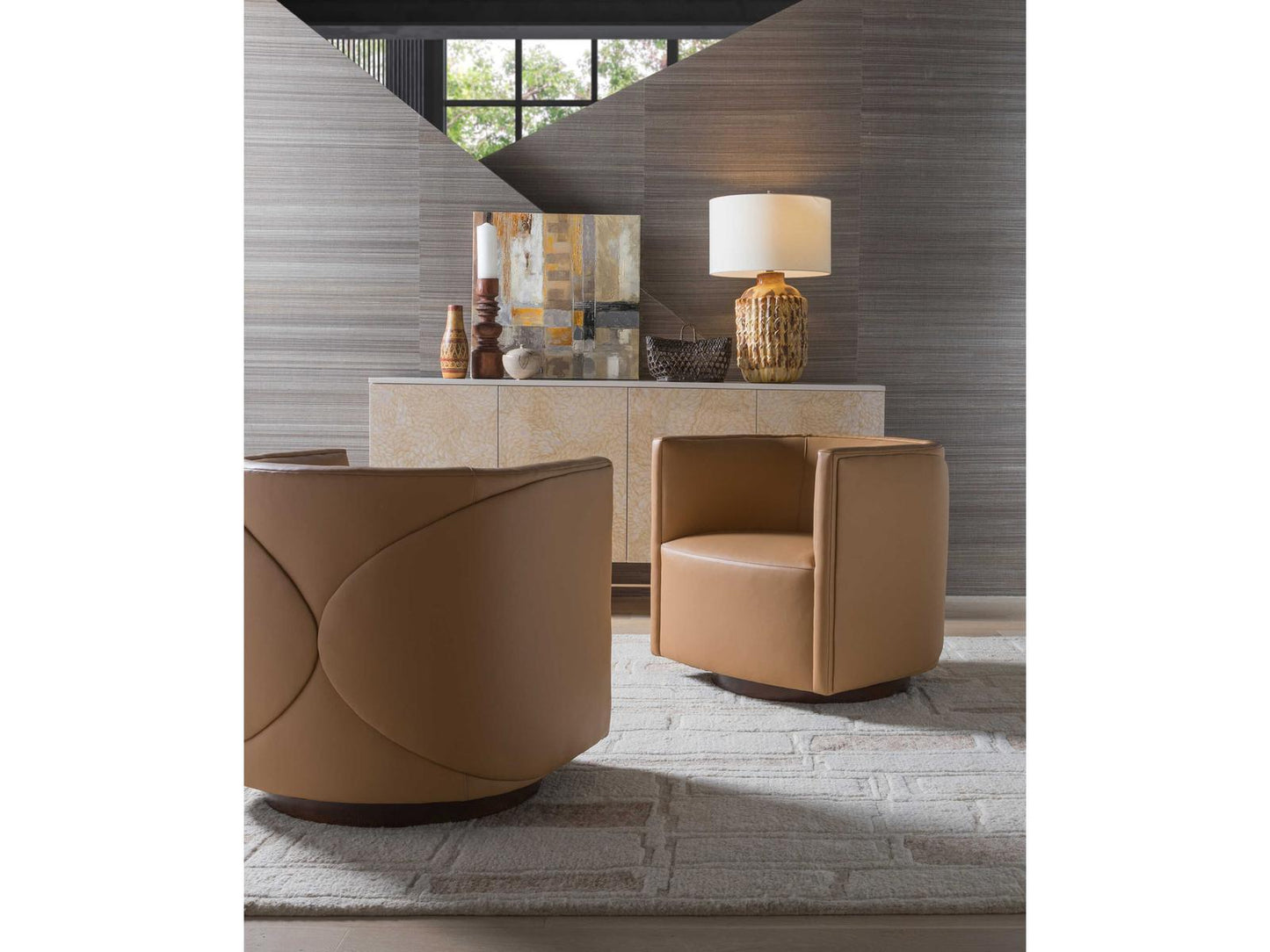 Home Ingrid Leather Swivel Accent Chair in Brown with Wood Base