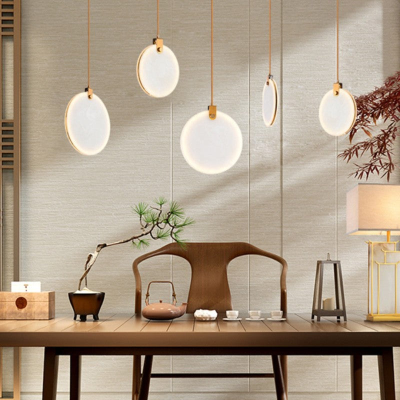 Alabaster Disc Long Staircase Chandelier