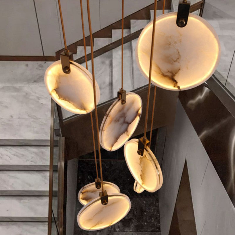 Alabaster Disc Long Staircase Chandelier