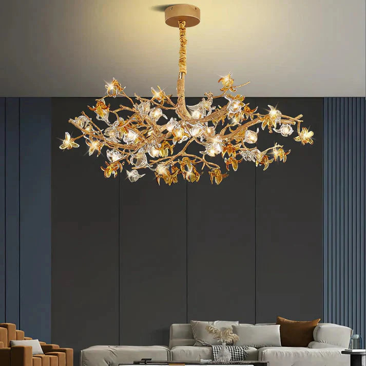 Aosta Orchid Branch & Crystal Bloom Brass Chandelier