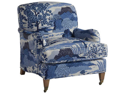 Sydney Upholstered Accent Chair with Brass Casters and Laguna Sands Finish