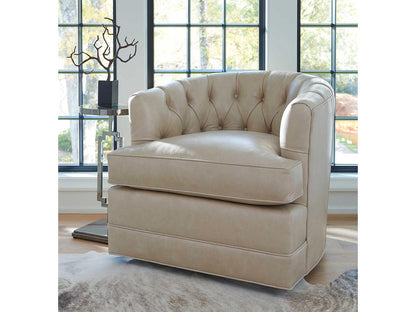 Cliffhaven Leather Swivel Barrel Chair in Taupe with Tufted Back