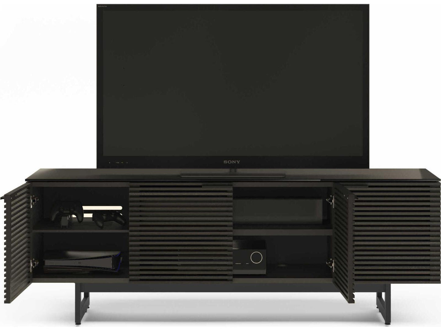 Corridor Louvered Wood Media Console in Charcoal Stained Ash