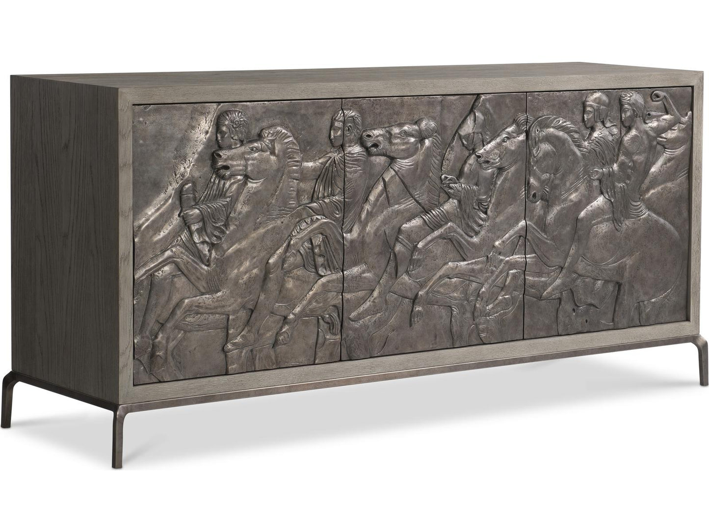Elysia 74-Inch Three-Door Buffet with Roman Frieze Design in Weathered Greige and Dark Bronze