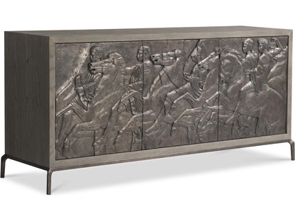 Elysia 74-Inch Three-Door Buffet with Roman Frieze Design in Weathered Greige and Dark Bronze