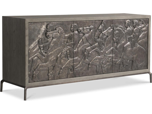 Elysia 74-Inch Three-Door Buffet with Roman Frieze Design in Weathered Greige and Dark Bronze