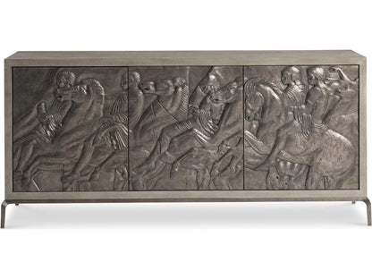 Elysia 74-Inch Three-Door Buffet with Roman Frieze Design in Weathered Greige and Dark Bronze