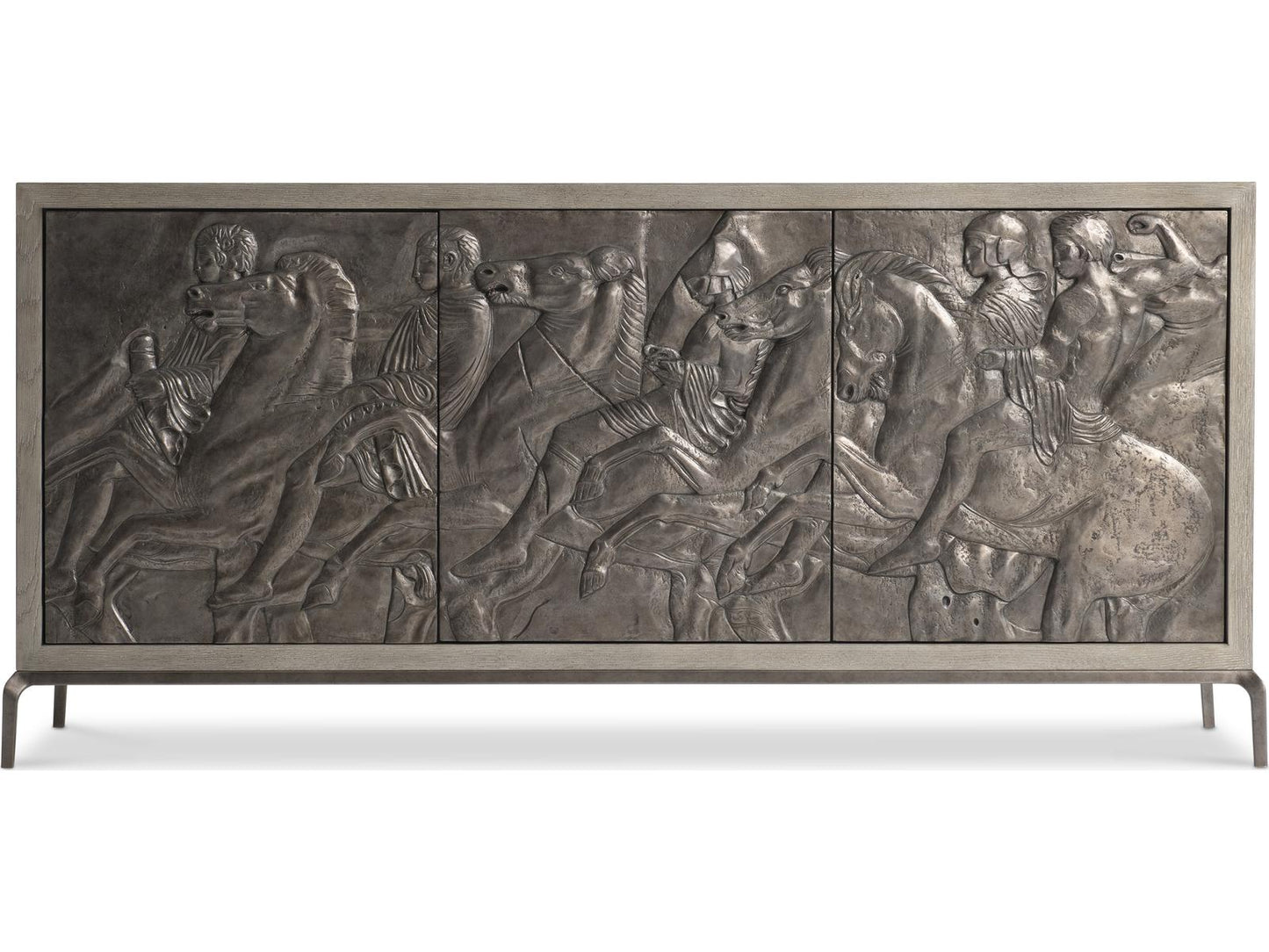 Elysia 74-Inch Three-Door Buffet with Roman Frieze Design in Weathered Greige and Dark Bronze
