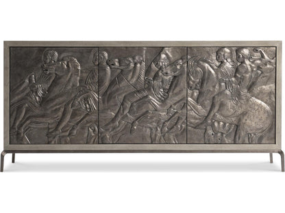 Elysia 74-Inch Three-Door Buffet with Roman Frieze Design in Weathered Greige and Dark Bronze
