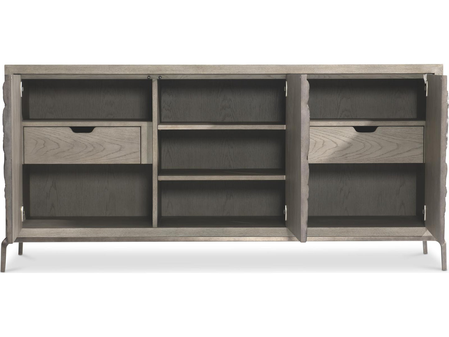 Elysia 74-Inch Three-Door Buffet with Roman Frieze Design in Weathered Greige and Dark Bronze