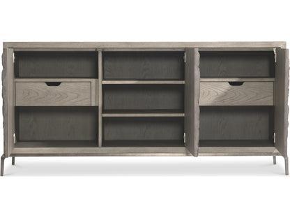 Elysia 74-Inch Three-Door Buffet with Roman Frieze Design in Weathered Greige and Dark Bronze