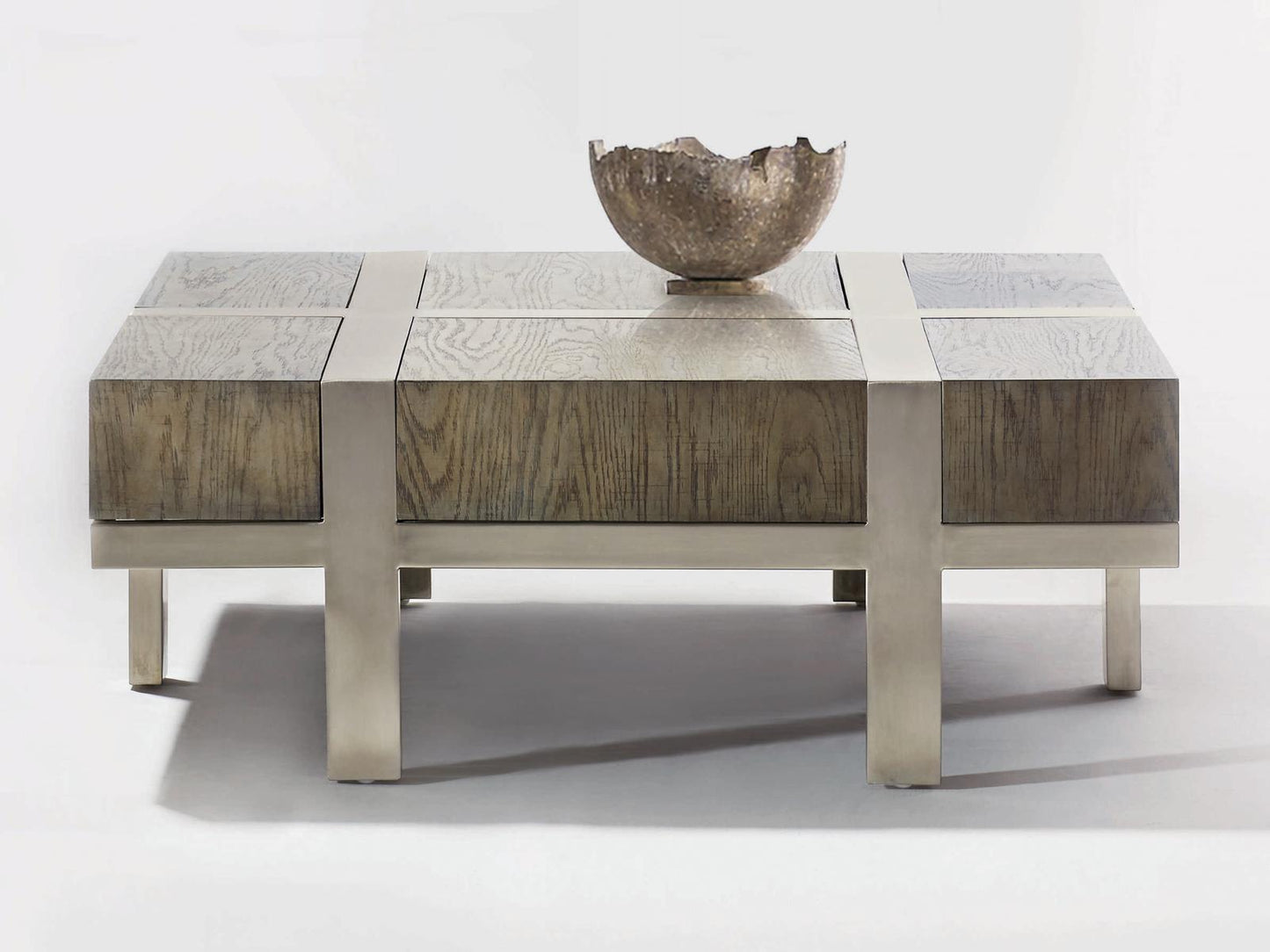 Interiors Leigh Square Cocktail Table in Rustic Gray and Tarnished Nickel