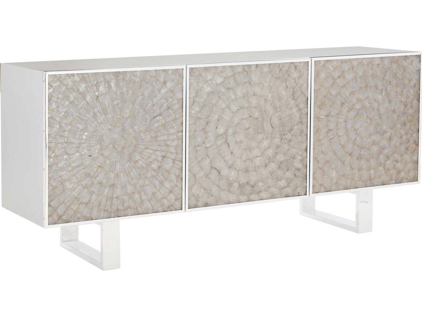 Interiors Helios Entertainment Credenza White Capiz Shell and Polished Stainless Steel