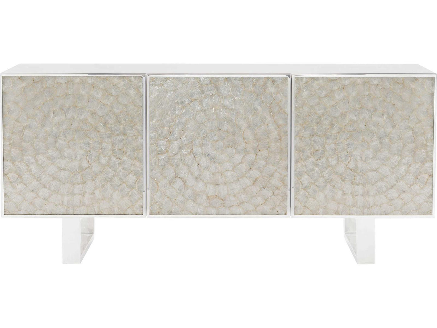 Interiors Helios Entertainment Credenza White Capiz Shell and Polished Stainless Steel