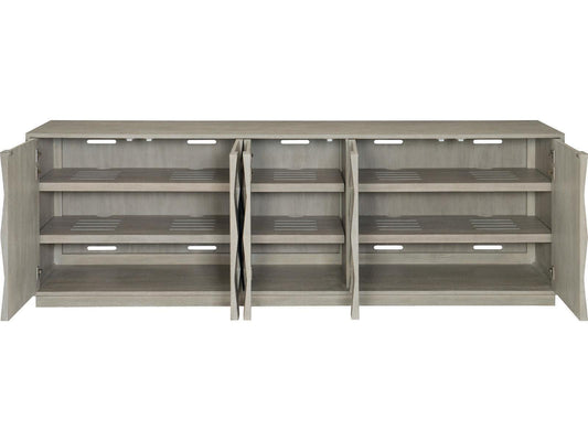 Linea Entertainment Credenza with 5 Push-to-Open Doors in Cerused Greige