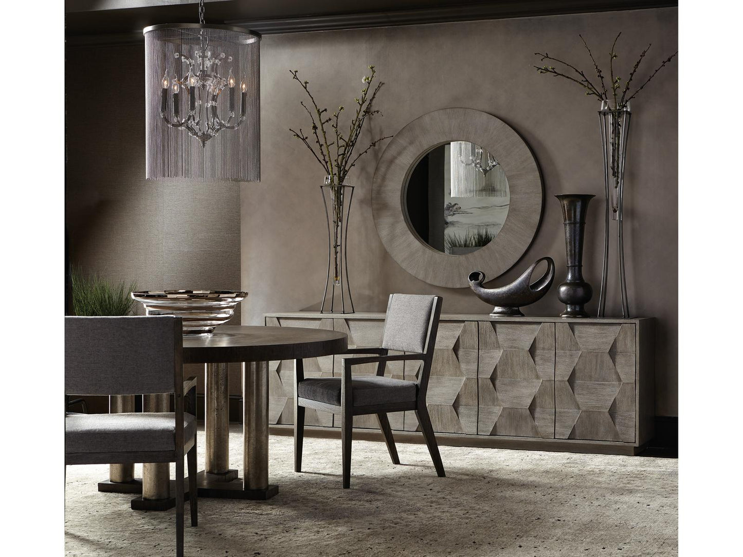 Linea Entertainment Credenza with 5 Push-to-Open Doors in Cerused Greige