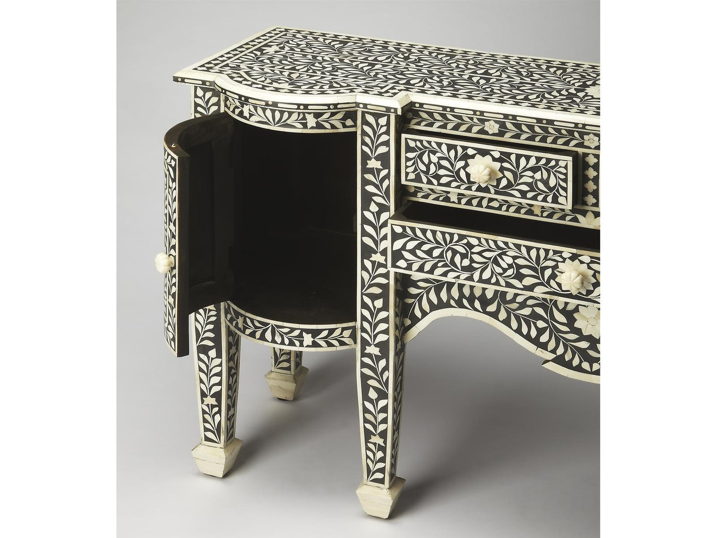 Vivienne Rectangular Bone Inlay Buffet in Black with Three Drawers
