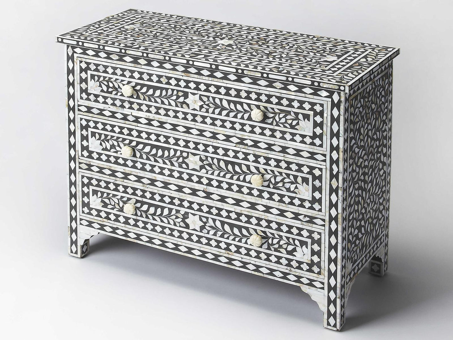 Vivienne 3-Drawer Chest in Black with Mother of Pearl Inlay