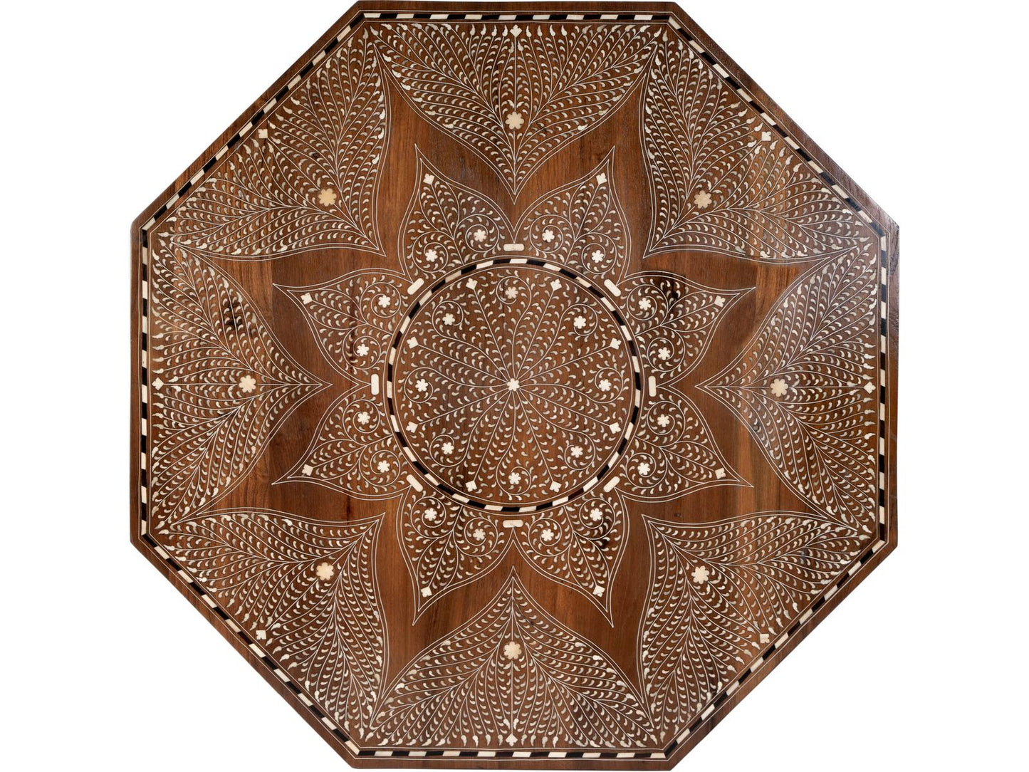 Mandore Octagon Coffee Table in Distressed Brown Teak and Bone Inlay
