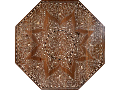 Mandore Octagon Coffee Table in Distressed Brown Teak and Bone Inlay