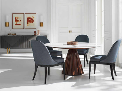 All Natural 60-Inch Round Dining Table with White Marble Top and Rich Walnut Base