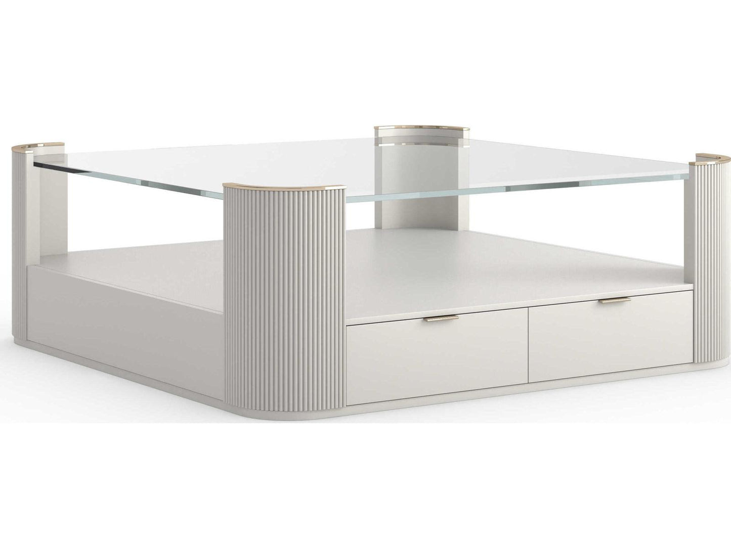 Love Square Cocktail Table with Clear Glass Top in Matte Pearl and Whisper of Gold