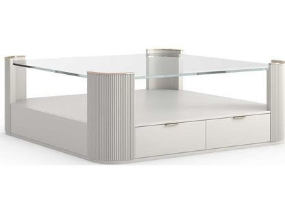 Love Square Cocktail Table with Clear Glass Top in Matte Pearl and Whisper of Gold