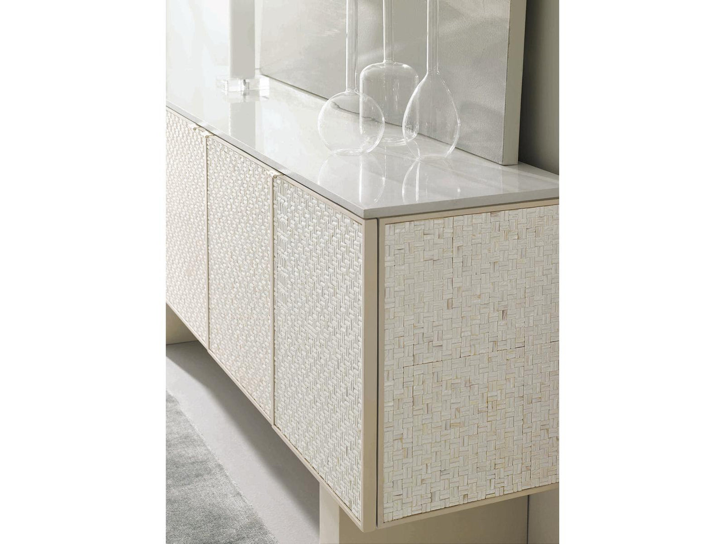 Bomb-Shell Sideboard with Stacked Shell and White Stone Top in Soft Taupe