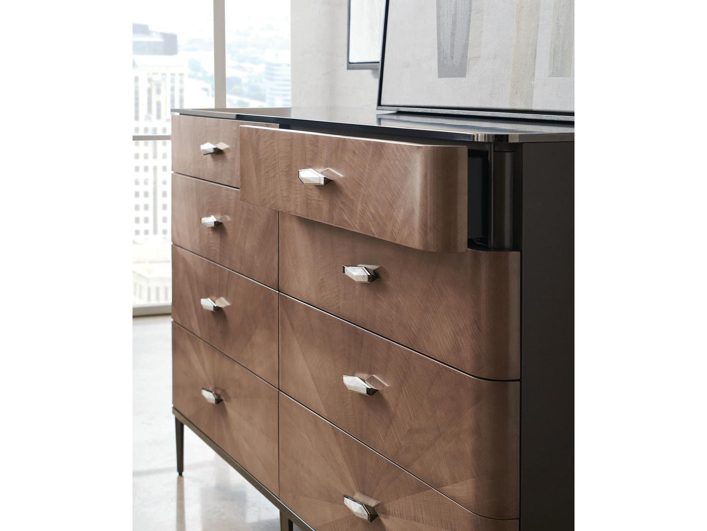 Prism 8-Drawer Double Dresser in Chocolate Tiger Maple and Bronze