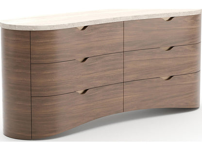 Fleur 6-Drawer Dresser in Porcini with Travertine Top and Gold Hardware