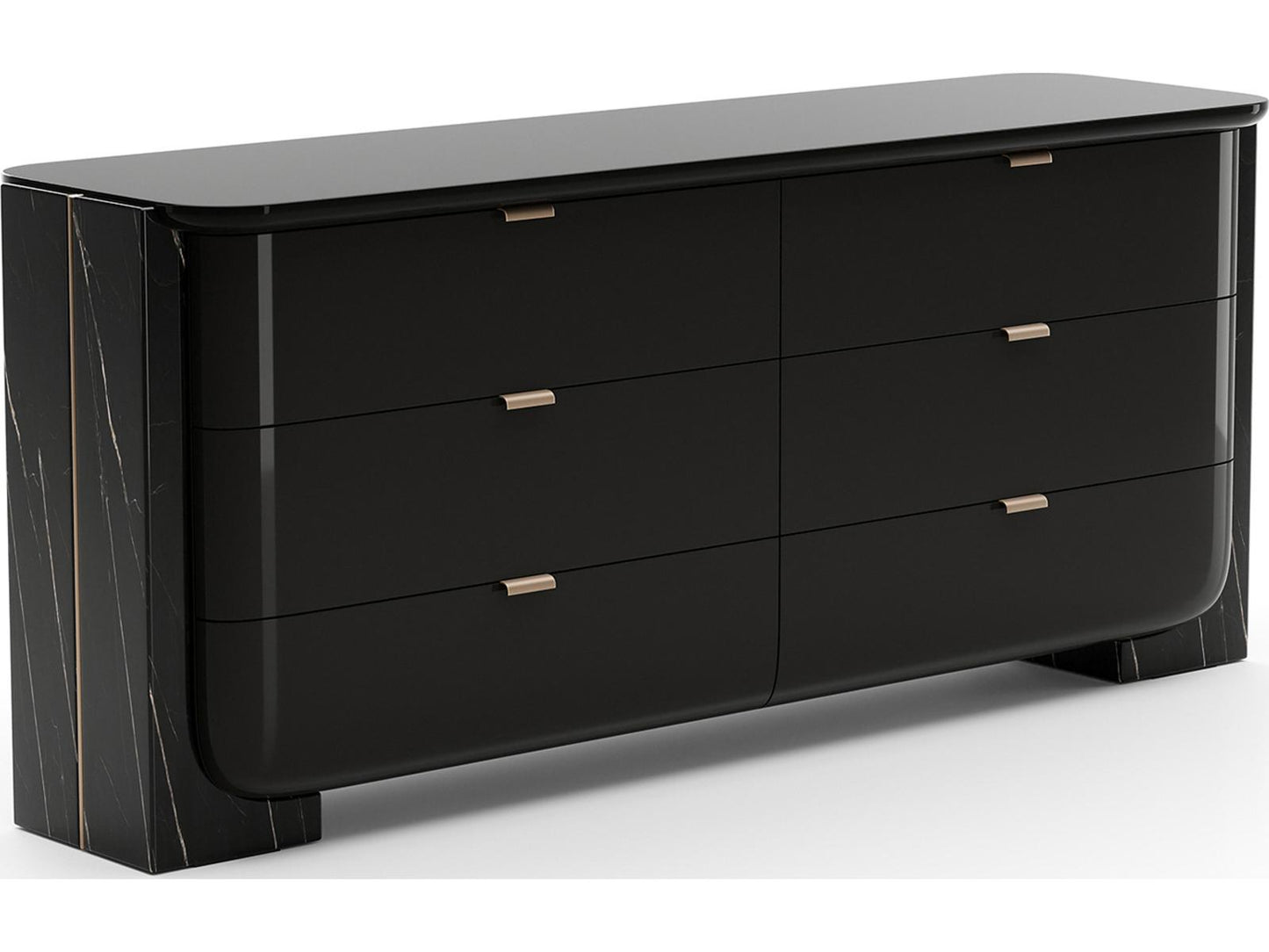 Overlap 6-Drawer Dresser in Piano Black and Nero Marquina