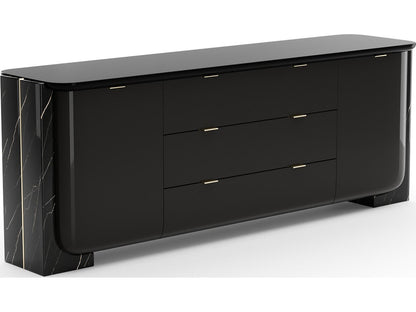 Overlap 86 Inch Sideboard Dark Piano Black with Nero Marquina Stone and Gold Trim