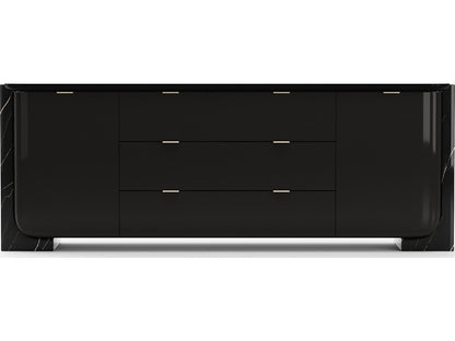 Overlap 86 Inch Sideboard Dark Piano Black with Nero Marquina Stone and Gold Trim