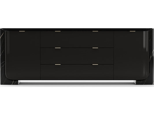 Overlap 86 Inch Sideboard Dark Piano Black with Nero Marquina Stone and Gold Trim