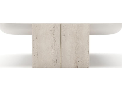 Overlap Rectangle Cocktail Table with Travertine Stone and Latte Finish