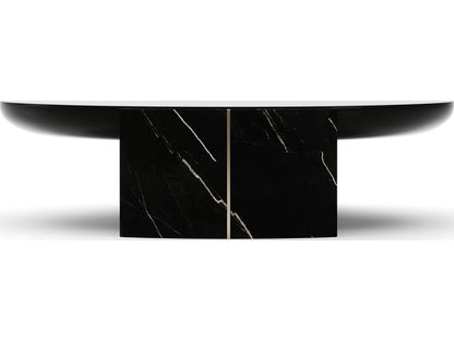 Overlap Round Cocktail Table Dark with Piano Black Top and Nero Marquina Stone