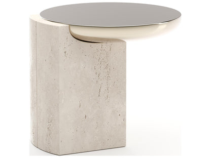Overlap Round Side Table Light in Whisper of Gold and Travertine