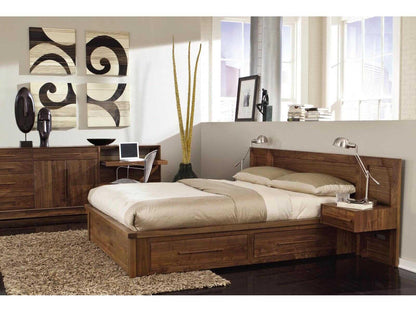 Moduluxe Queen Platform Storage Bed with Veneer Headboard in Brown Solid Wood