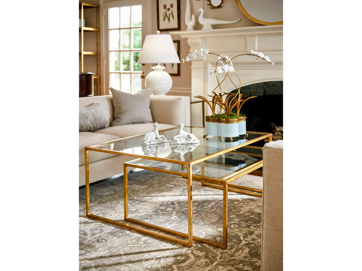 Nested Rectangular Glass Gold Leaf Coffee Table